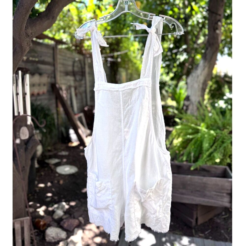 9 SEED Resort Ubud White Linen Tie Shoulder Overall Shorts Size P/S Made in USA